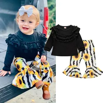 

0-3 Years Baby Girl Clothes Black Pleated T-Shirt Tops Sunflower Wide Leg Flare Pants Bay Girls Clothes 2019 Autumn Kids Outfits