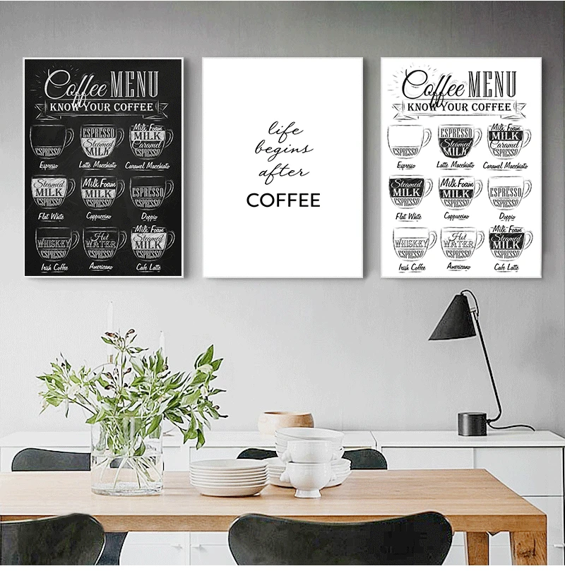 Nordic Coffee Menu Wall Pictures Art Print Black White Art Canvas