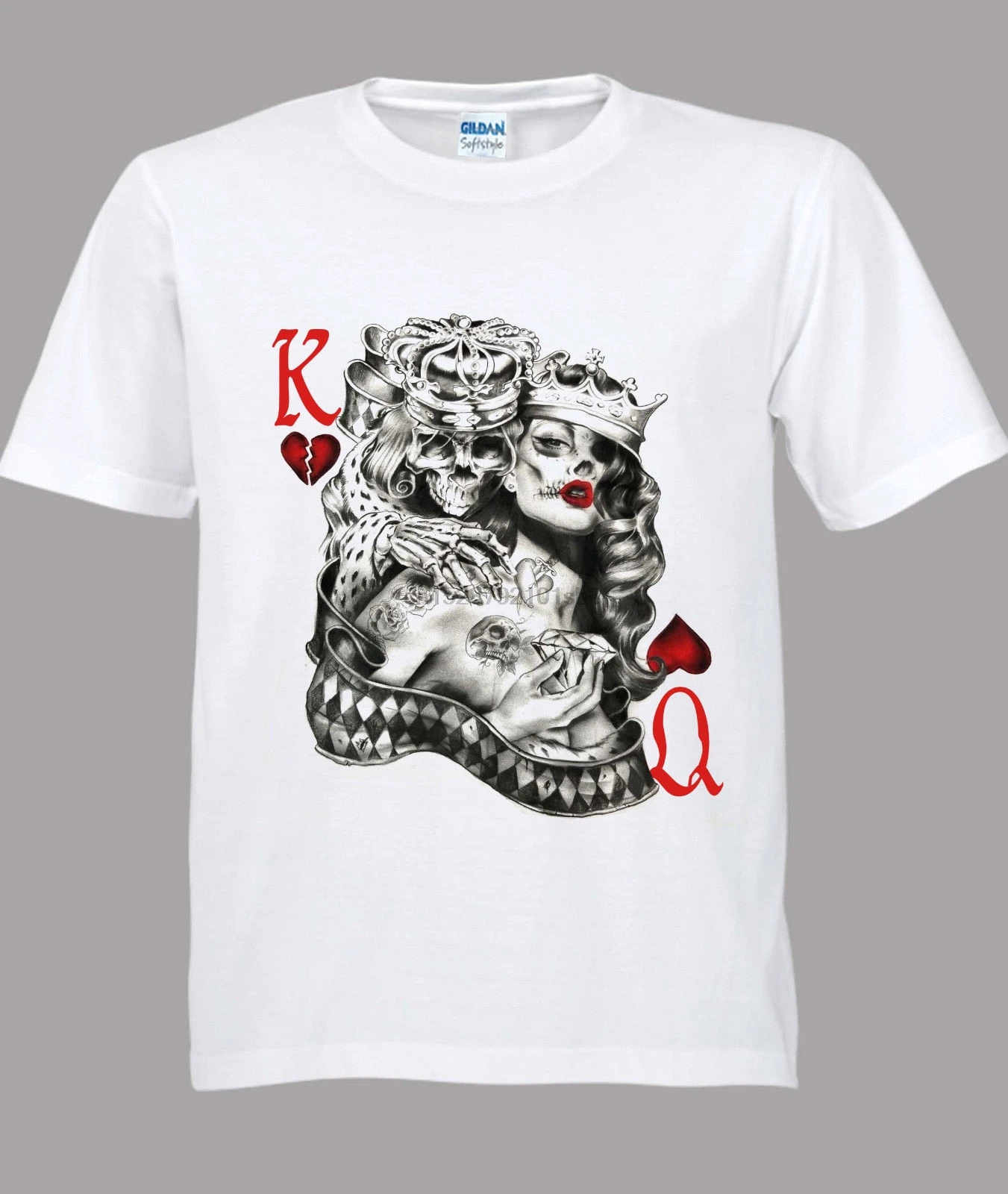 Tatouage Carte Roi Et Reine De Coeur Roi reine de coeur tatouage sucre tete de mort Poker carte a jouer tee  shirt blanc S 3XL | AliExpress
