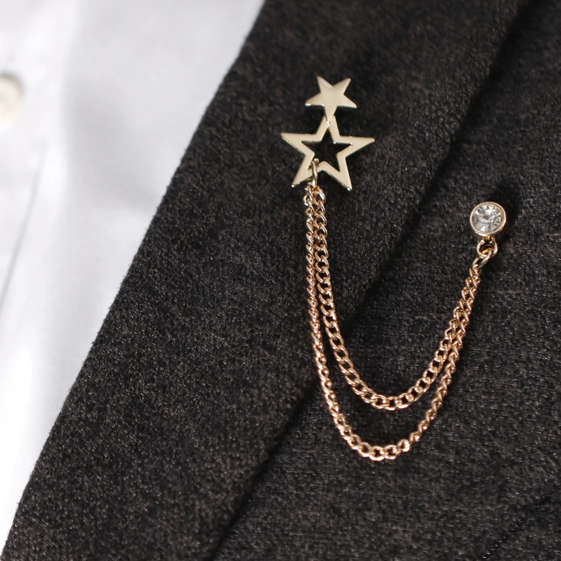 Men Jewelry Rhinestone Brooch Chain Tassel Lapel Pin Crystal Blouse Accessories 