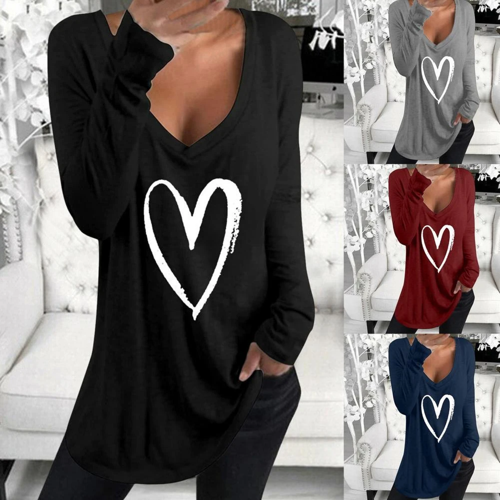 Sexy Women T-shirt Deep Love Heart Print Cotton Blend Women Long Sleeve Tshirt Tunic for Work 2021 New cheap t shirts