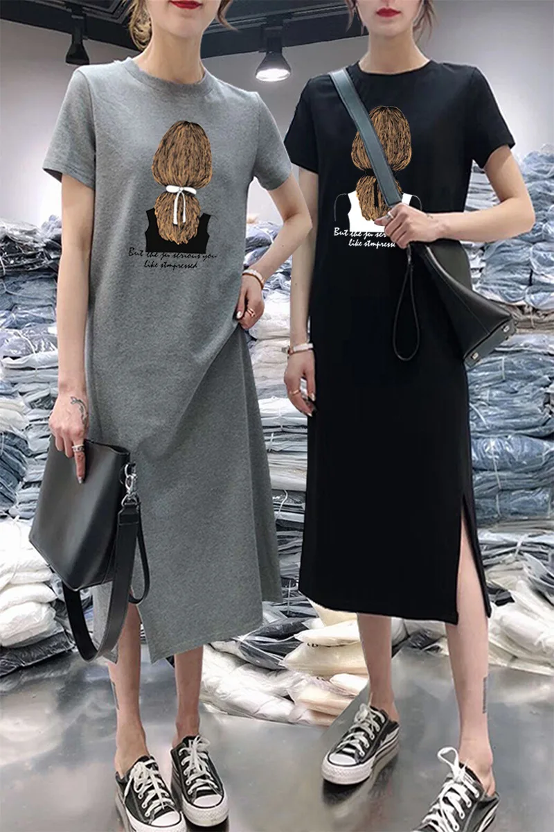 

Summer Short-sleeved Women's Base Skirt Students Best Friend Loose And Plus-sized Mid-length Printed Slit T-shirt Skirt