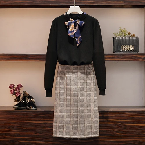 Black suit 5XL размера плюс, элегантный офисный комплект из двух предметов, Женский комплект с юбкой, Женский Осенний вязаный пуловер, свитер+ клетчатая юбка, Женский комплект - Цвет: Black suit