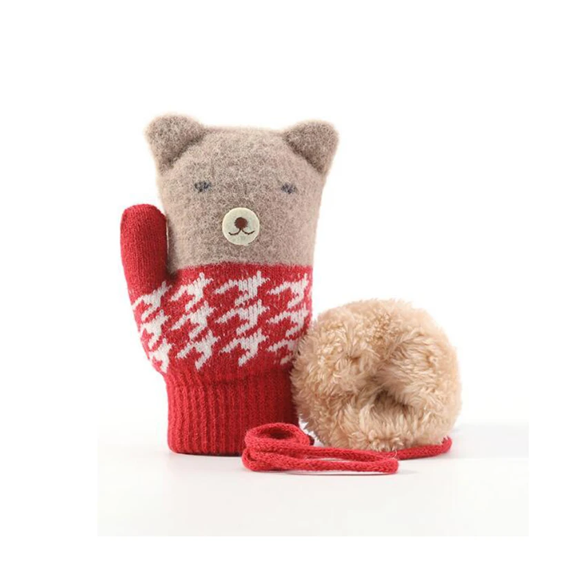 Red bear 1 P Детские вязаные перчатки на осень и зиму, ветрозащитные теплые плюшевые и утолщенные перчатки с милым медведем для мальчиков и девочек - Цвет: Red bear 1 P