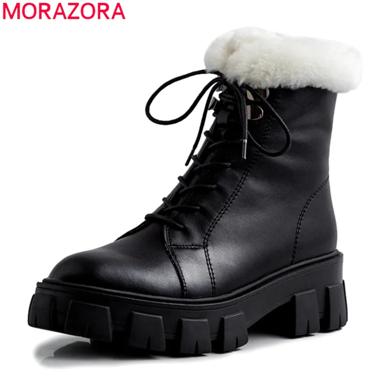 

MORAZORA 2020 New Brand genuine leather ankle boots winter keep warm snow boots med heels lace up casual shoes woman black