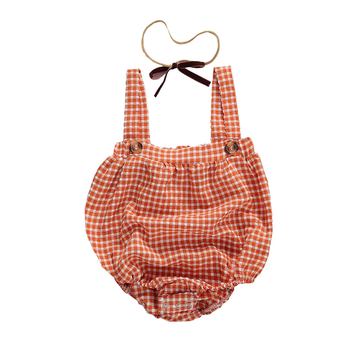 

SUnmmer Baby Girls Romper Cotton Sling Loose Plaid Pattern Cute Style Button Closure Jumpsuit Patchwork Romper Outfit 0-18M