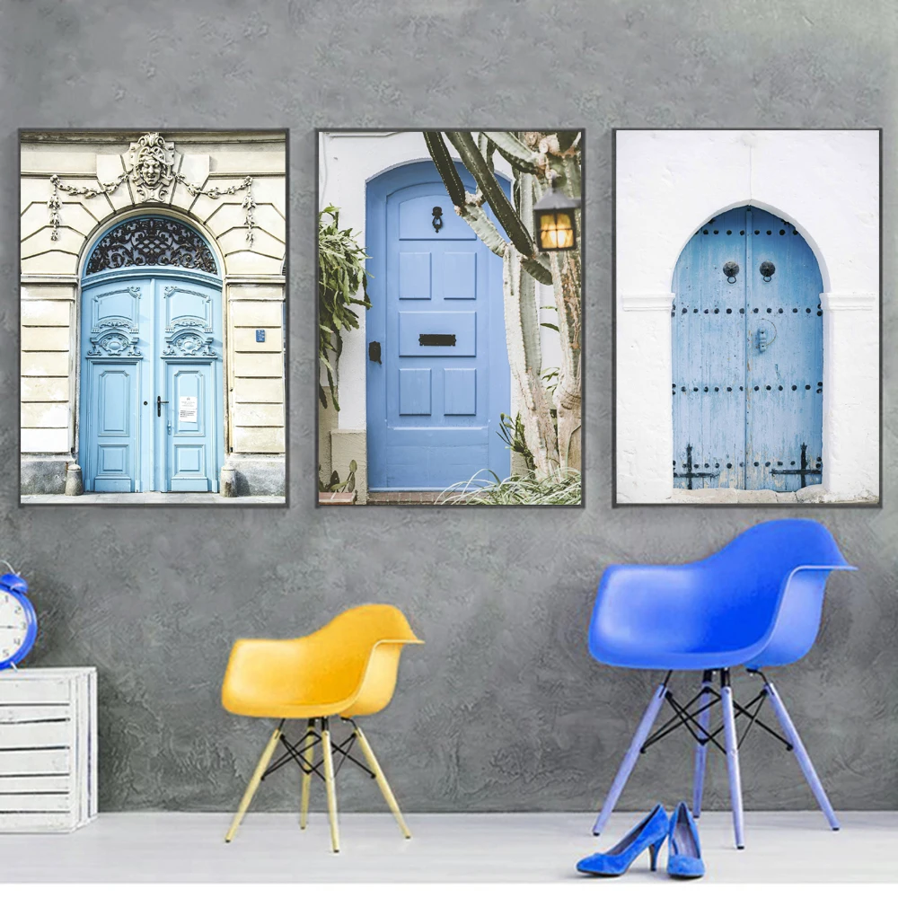 Blue Door European Old House Wall Art Canvas Painting Nordic Posters And Prints Landscape Wall Pictures For Living Room Decor