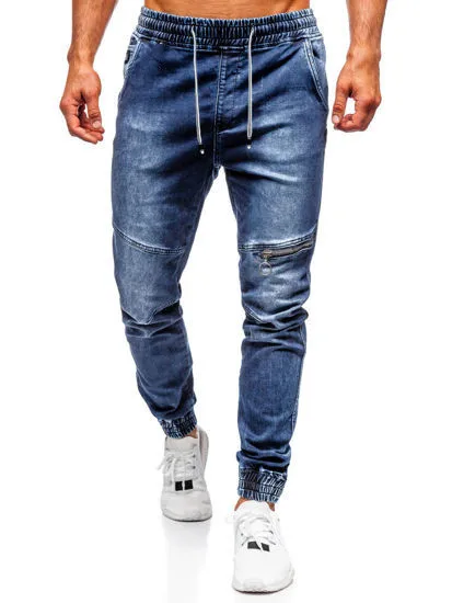 

Men's Casual Jeans with Single Zipper At Knee and Elasticated Feet Wash Denim Trousers