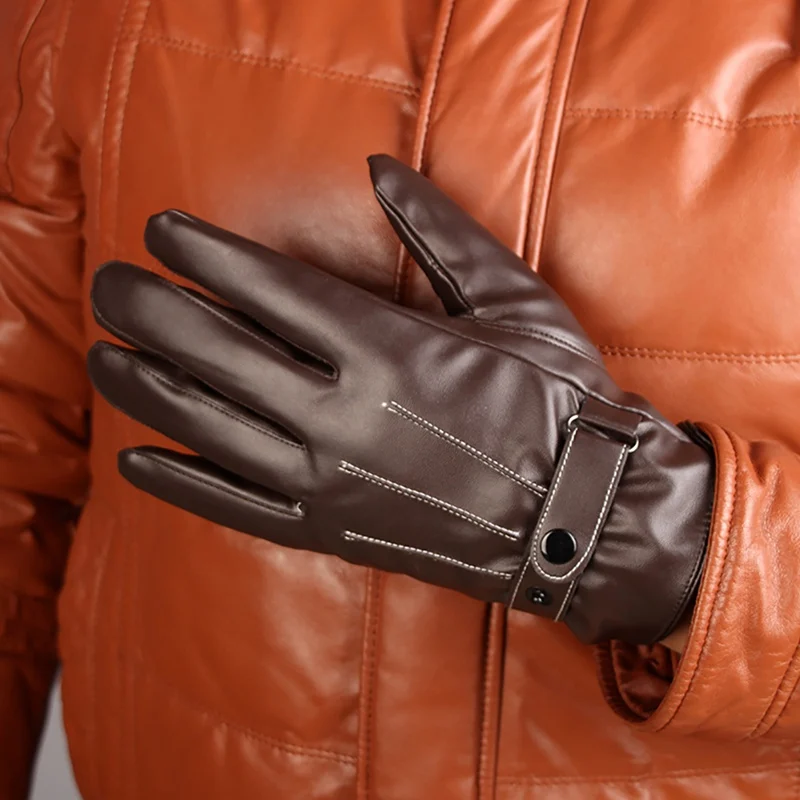 Мужские перчатки, зимние теплые варежки с сенсорным экраном, ветрозащитные, с бархатной подкладкой, для вождения, катания на лыжах, мужские перчатки из искусственной кожи, черные, коричневые, новинка