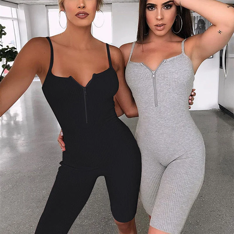 The hot new summer jumpsuit for women with zipper sexy halter strap jumpsuit tight solid color sports jumpsuit