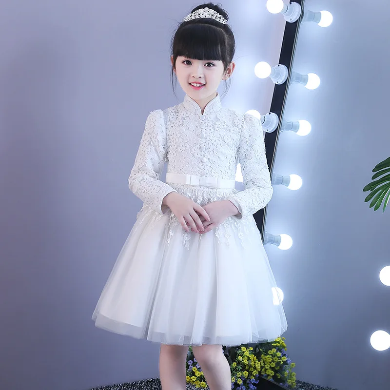 Элегантный Модный китайский Стиль красное кружевное платье с длинным рукавом и принтом маленькая Платье для девочек с цветочным узором Ципао детское платье принцессы ежедневные вечерние бальные платья