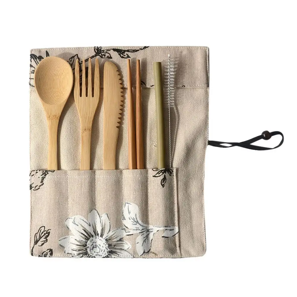 Portable Bamboo Cutlery Travel Eco-friendly Fork Spoon Set Include Reusable Bamboo Slice, Chopsticks, Straw,Cleaning Brush Q3 - Цвет: E