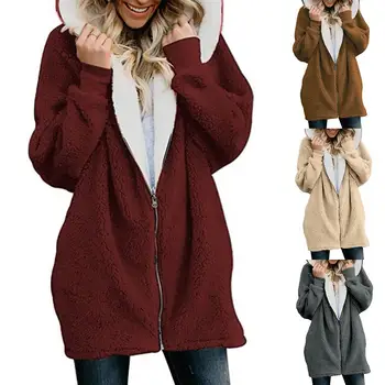 

Plus Size Women Winter Warm Coat Solid Color Fluffy Hoodies Zipper Sweatshirt