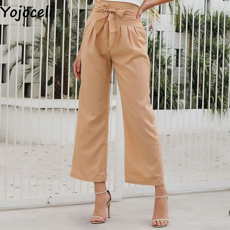 

Yojoceli Elegant sashes bow high waist pants female Autumn casual flare pants women bottom Pleated daily trouse