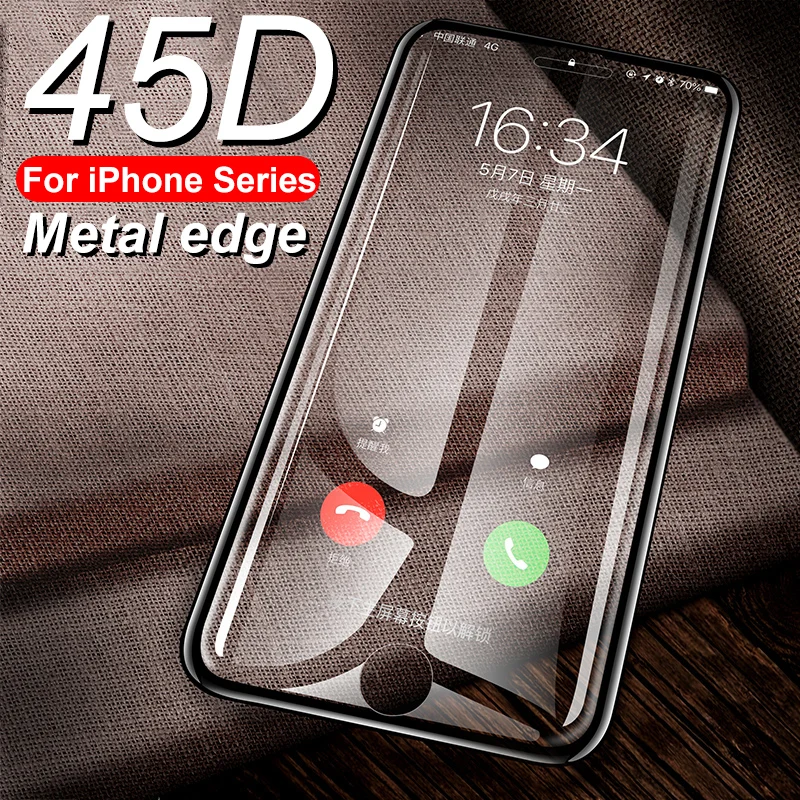 Закаленное стекло 45D из алюминиевого сплава с металлическими краями для iPhone 5 SE 6 6S 7 8 Plus X, Защитное стекло для iPhone 6 7