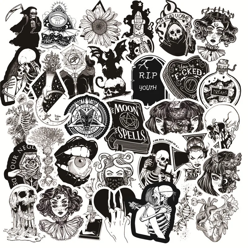 Pegatinas de grafiti para chica y calavera de estilo gótico, color blanco y negro, para portátil, equipaje, guitarra, monopatín, calcomanía, juguete para niños, 10/30/50 Uds.