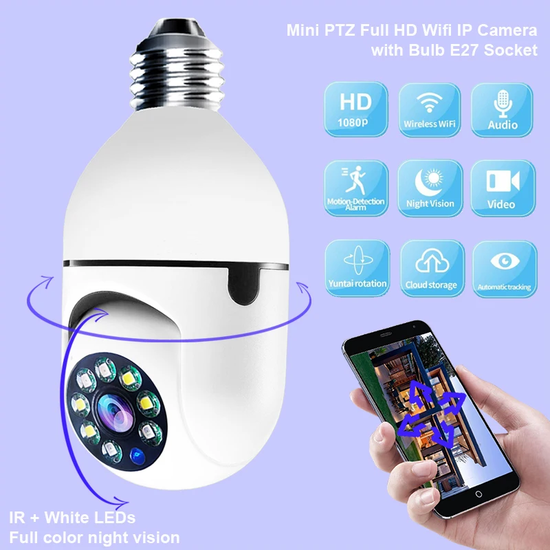 3MP PTZ WiFi Light Bulb Camera Security Mini Plus Full Color Night