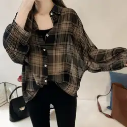 2019 Повседневная Корейская женская клетчатая блузка, осенняя новинка, свободная рубашка размера плюс, рубашка с длинным рукавом, женская