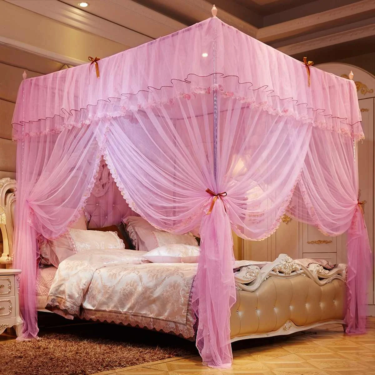 Breathable Round Bed Canopy Lace Princess Style Mosquito Net Bed Curtain Netting for Girls Bedroom Decor Beige A sixx Bed Mosquito Net