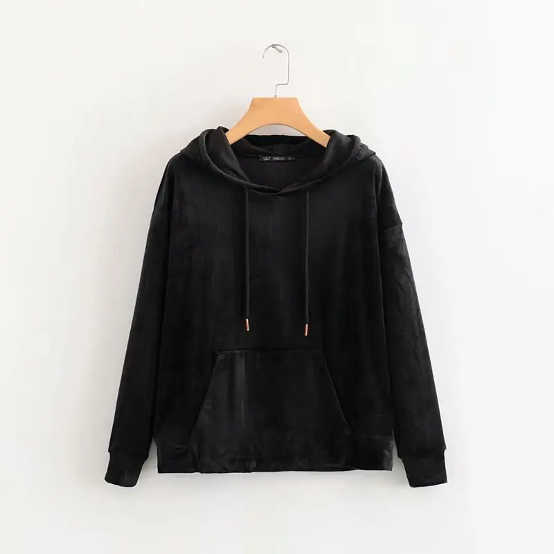 black Винтажные бархатные толстовки harajuku tosp, женские пуловеры kangroo с карманами, уличная одежда - Цвет: black