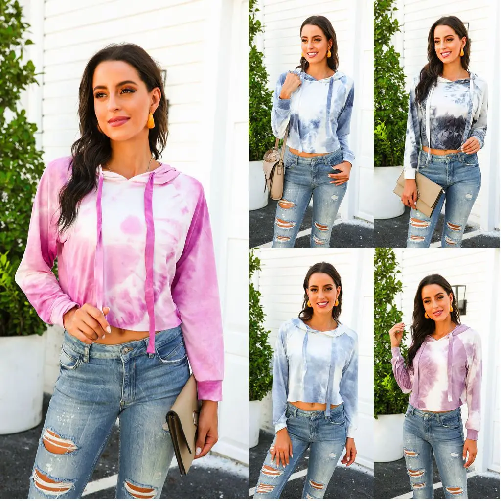 

2020 Women's New Sweatshirt Tie-Dye Hooded Long Sleeve Clothes Round Neck Print Pattern Color Top