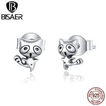 

BISAER Stud Earrings Cute Raccoon Real 925 Sterling Silver Small Earrings For Female Original Design 2020 Fashion Jewelry GXE907