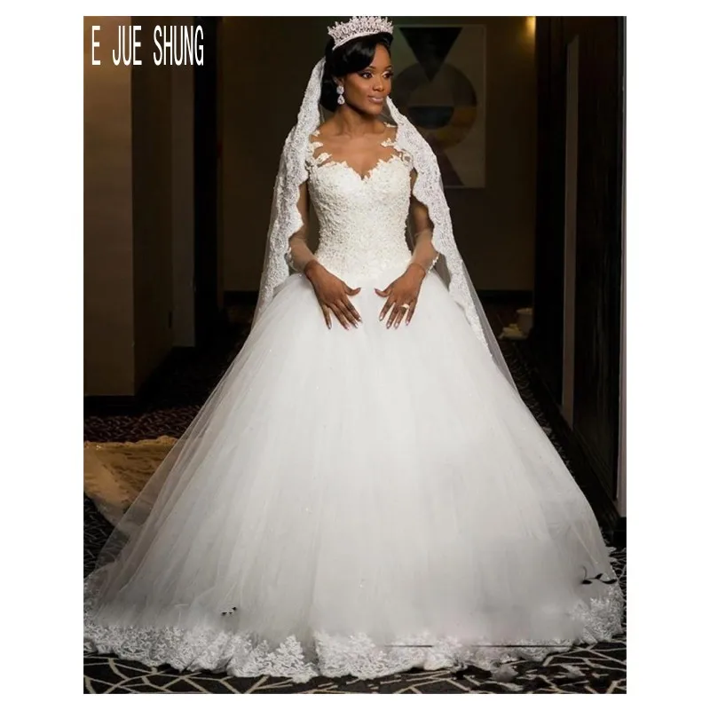 E JUE SHUNG White African Princess Wedding Dresses Sheer Neck Long Sleeves Button Back Appliques Bride Vestido De Noiva | Свадьбы и