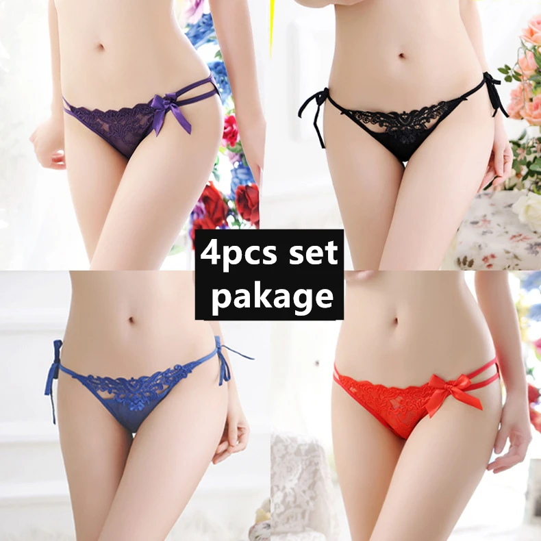 

4pcs Package Girls Underwear Sexy Lace Cotton Panties Ladies Pearl Chain Thong Low Waist Transparent Hollow Briefs Free Shipping