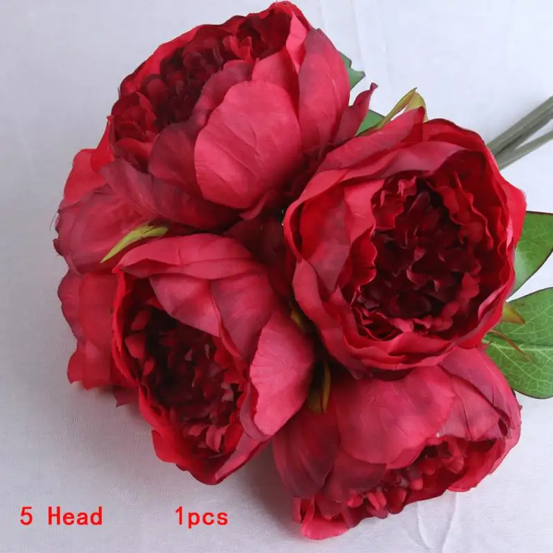 Artificial Flowers Peony 5 Heads Bridal Bouquet Office Table Decor Silk Flowers Simulation Flower Wedding Party House Decor#63 - Цвет: Red