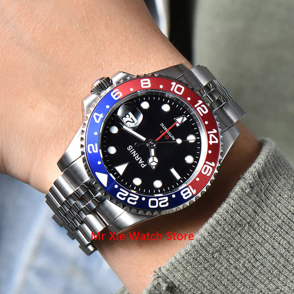 Мужские автоматические механические часы Parnis 40 мм GMT роскошные брендовые