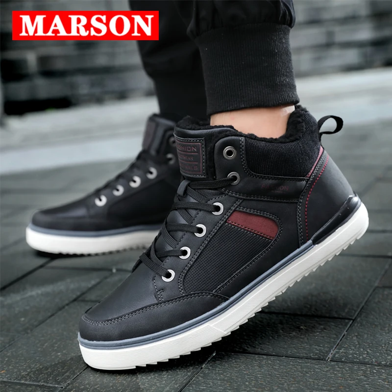 

MARSON Men's Winter Snow Boots Short Plush Ankle Leather Boot Men Casual Shoes Flats Footwear Walking Hiking Waterproof Lace-up