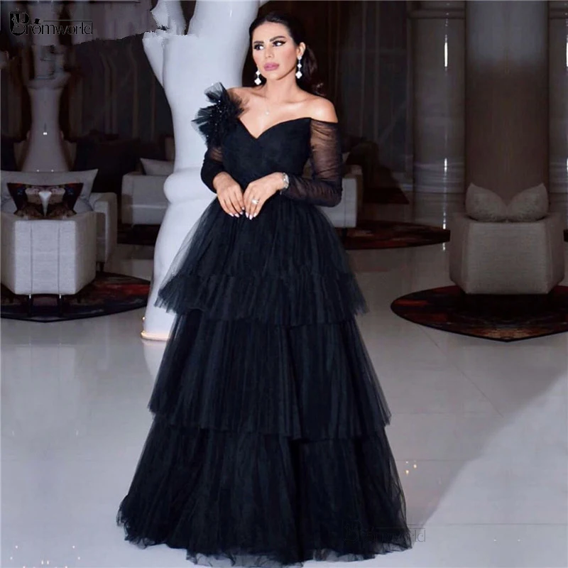 

Black Muslim Evening Dresses A-line V-neck Long Sleeves Tulle Tiered Dubai Saudi Arabic Prom Gowns Vestidos Formales