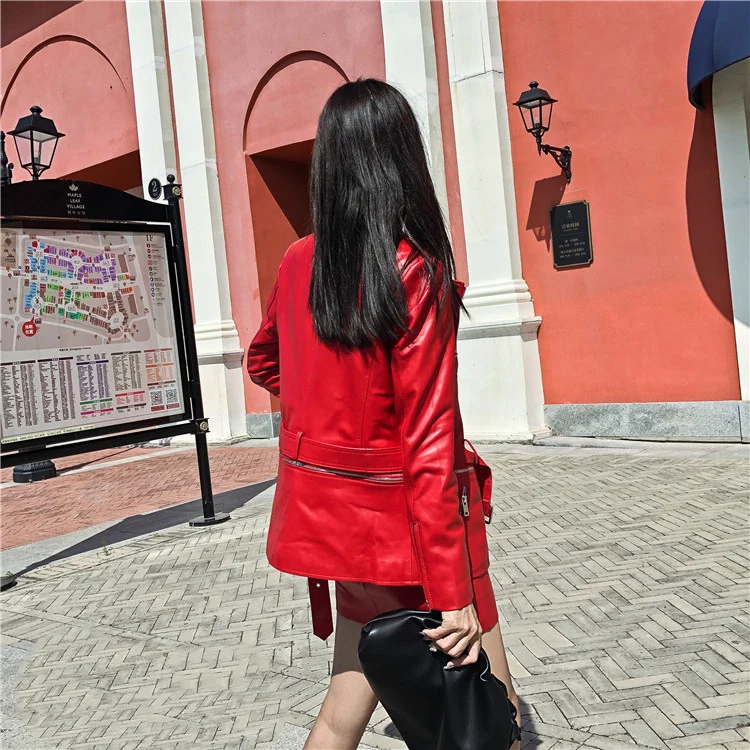 Genuine Leather Jacket Highstreet Notched Neck Buckle Belted Sheepskin Coat Women Autumn Winter Casual Slim Outwear Female Red