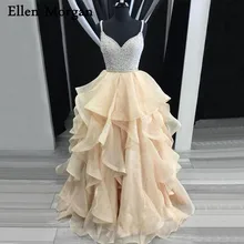 Открытая спина цвета шампанского платья из органзы для выпускного вечера для женщин одежда сексуальные ремни с возлюбленной шеи развертки Поезд Бисероплетение