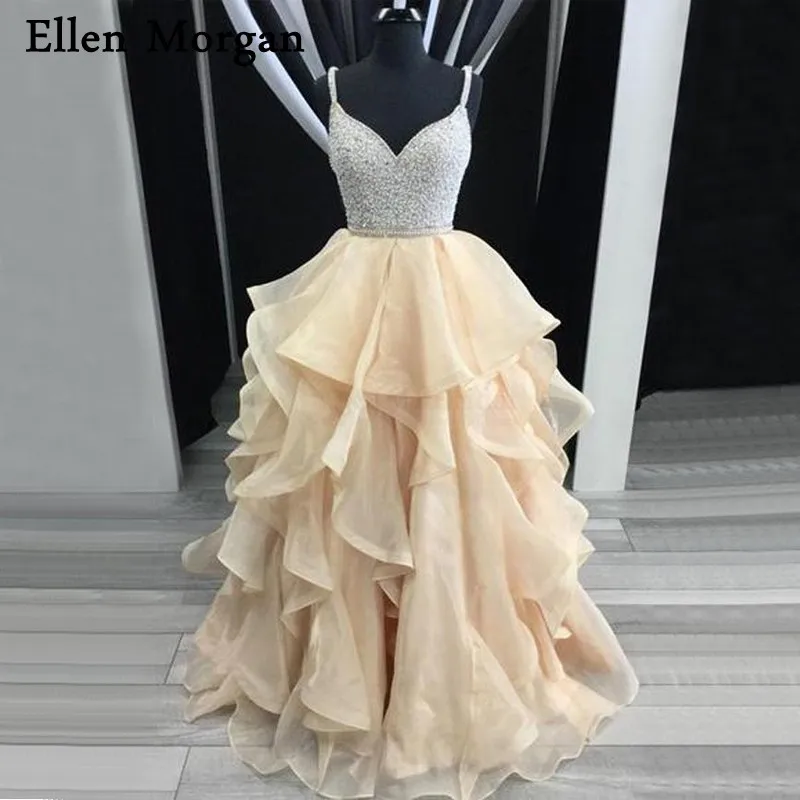 

Backless Champagne Organza Prom Dresses for Women Wear 2019 Sexy Straps with Sweetheart Neck Sweep Train Beading Pageant