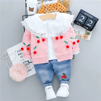

Baby Girls Clothing Sets 2020 Autumn Lace Cherry Coats Shirt Jeans Infant Newborn Clothing Children Casual Clothes