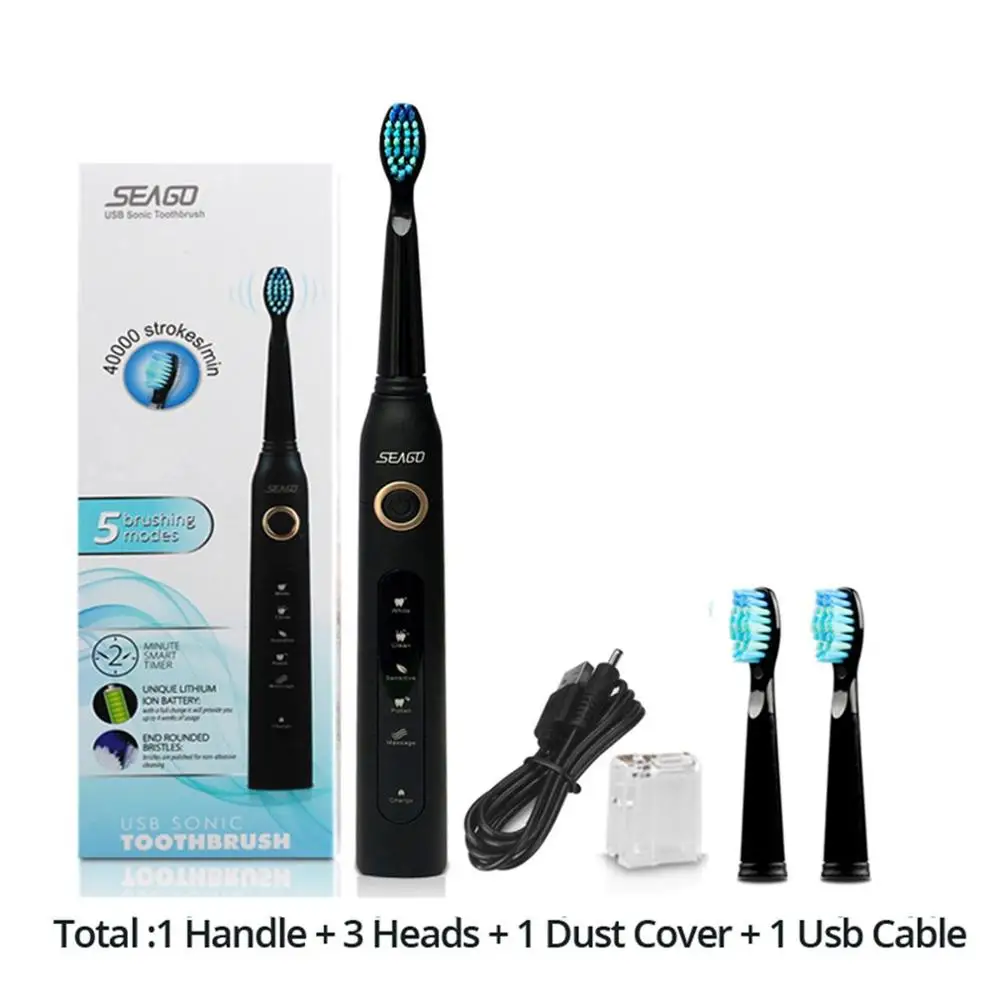 Seago-507 Electric Toothbrush 5 modes Adult Waterproof Deep Clean Teeth Brush With 2 Replacement Heads USB Rechargeable