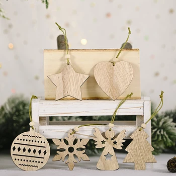 

12Pcs/set Natural Wood Christmas Ornament Star Heart Angel Snowflake Wood Craft DIY Christmas Tree Hanging Pendant Home Decor
