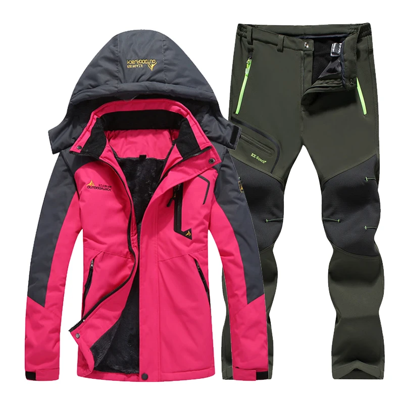 TRVLWEGO зимний лыжный костюм женский ветрозащитный водонепроницаемый сноуборд куртка брюки уличная супер теплая 2 в 1 тепловое флисовое зимнее пальто - Цвет: rosy army