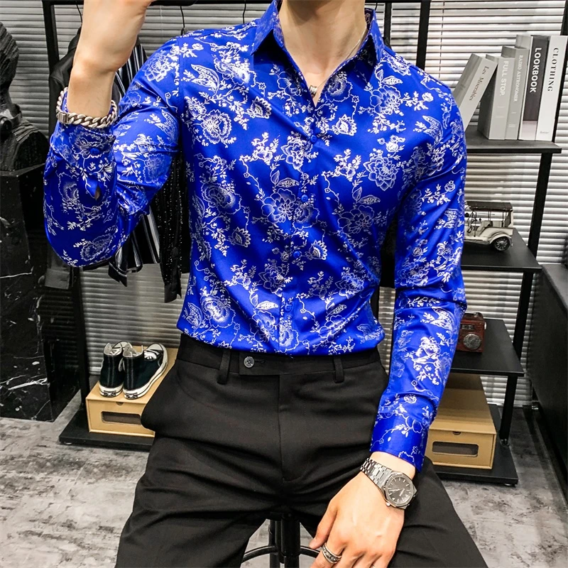 Camisas azules brillantes para hombre, lisa de diseñador inusuales, vestido de Club nocturno, camisa de flores de escenario| Camisas informales| - AliExpress