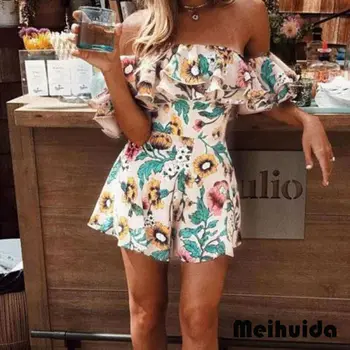 

Meihuida Women Holiday Playsuit Jumpsuit Romper Off The Shoulder Floral Ruffle Sleeve Romper Summer Beach Casual Shorts Dress