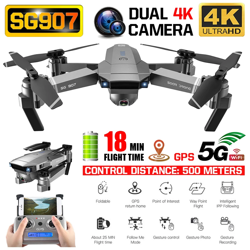 RC Quadcopter SG907 Drone GPS 4K HD 50X Zoom Wide Angle Dual Camera 5G WIFI FPV Foldable Selfie Dro