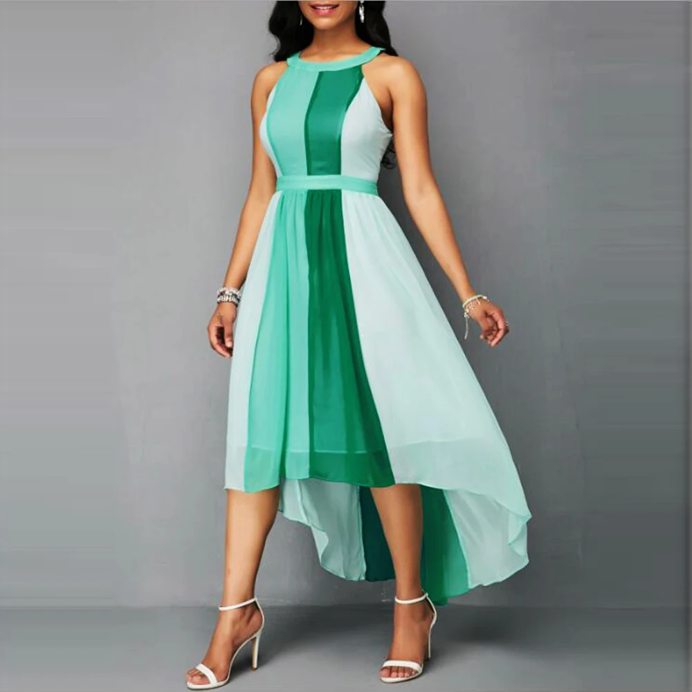 Chiffon Off Shoulder Contrast Color Patchwork Asymmetrical Maxi Dresses 4