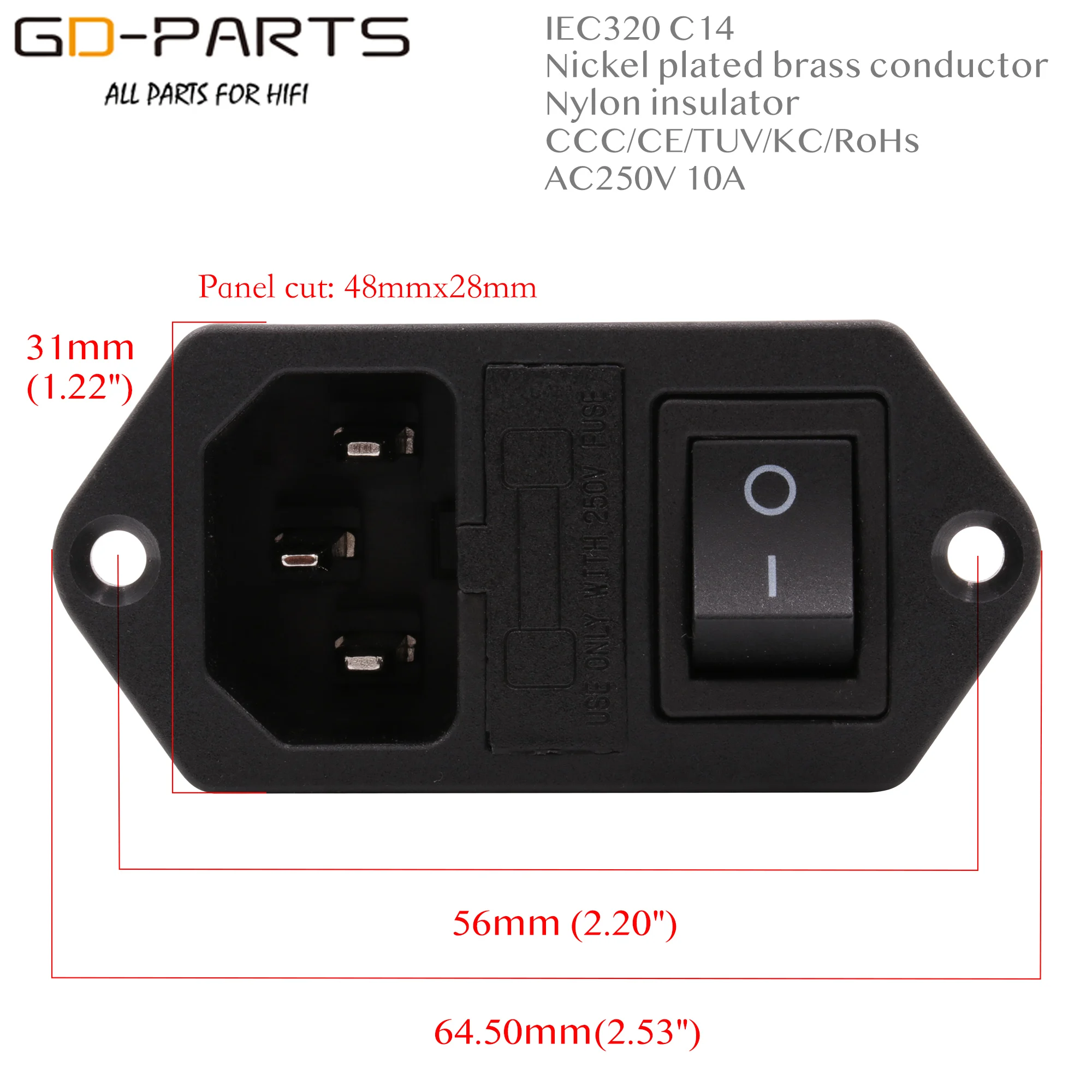 Cable Length: Other Computer Cables AD-061 IEC320 C14 AC Power Cord Inlet Socket Receptacle 250V 10A with ON-Off Red Light Rocker Switch and Fuse Holder RoHs CE 