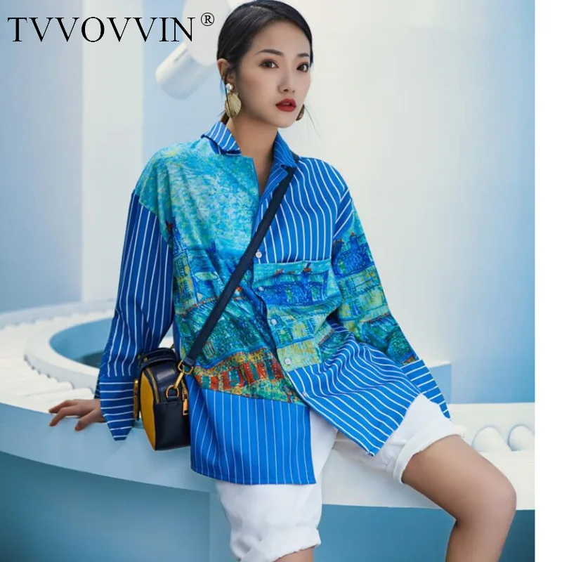 TVVOVVIN Trendsetter Осенняя длинная рубашка с принтом, легкая индивидуальная полосатая женская рубашка с длинным рукавом L337