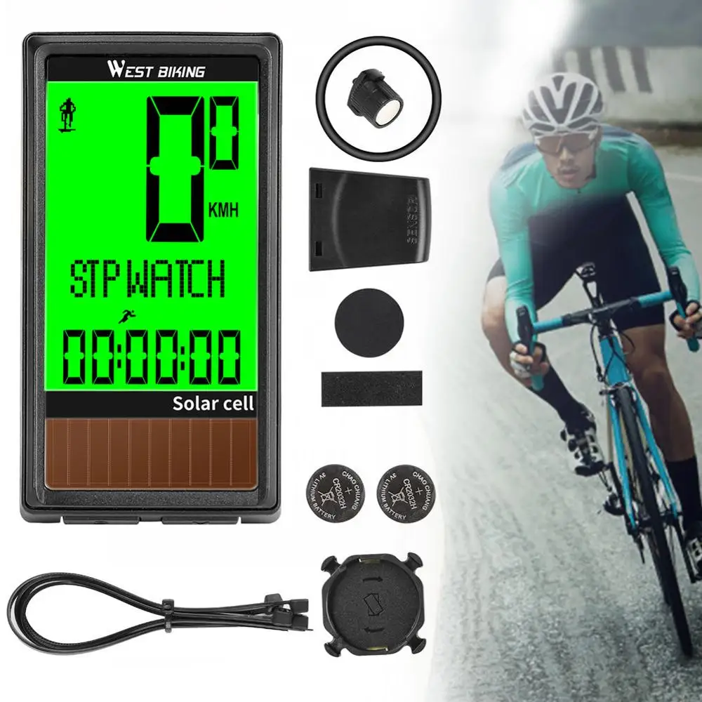 

Bicycle Wireless Speedometer and Odometer Battery/Solar Powered Multi Function Cycle Bike Computer with LCD Backlight Display