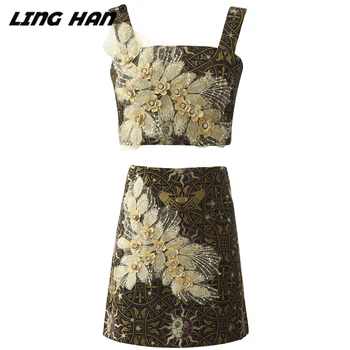 

LINGHAN Designer Spring Summer 2020 Women 2 Piece Set Luxury 3D Floral Applique Print Strap + Skirt Fashion Lady Twinset