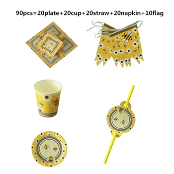 

90pcs/lot Bee Mouse Napkin Cup Plate Straw Flag Honeybee Tableware Set Kids Happy Birthday Party Decoration Baby Shower Supplies