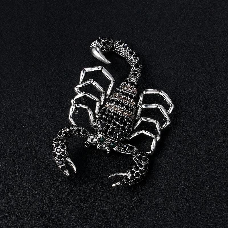 baiduqiandu Vintage Style Antique Silver Color Plated Metal Black Rhinestones Scorpion Brooches for Men