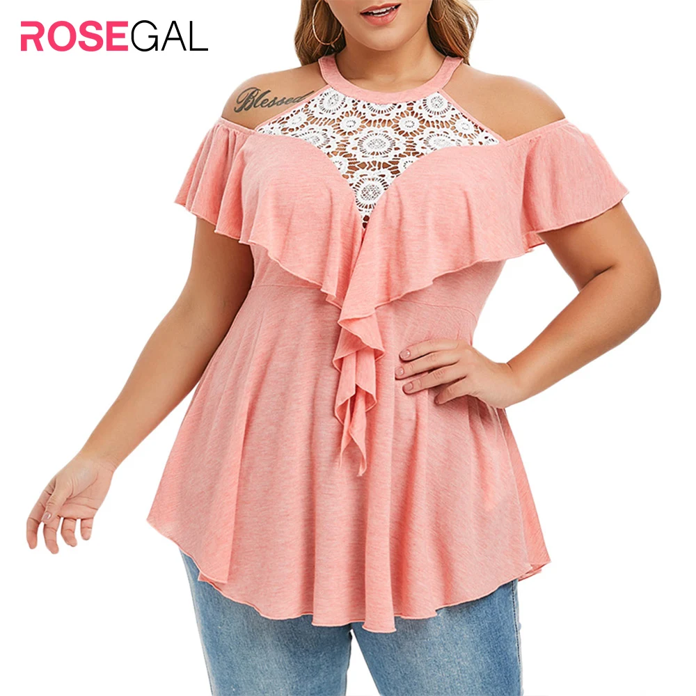 Rosegal большой размер 5XL сексуальные футболки с баской кружевные вязанные крючком